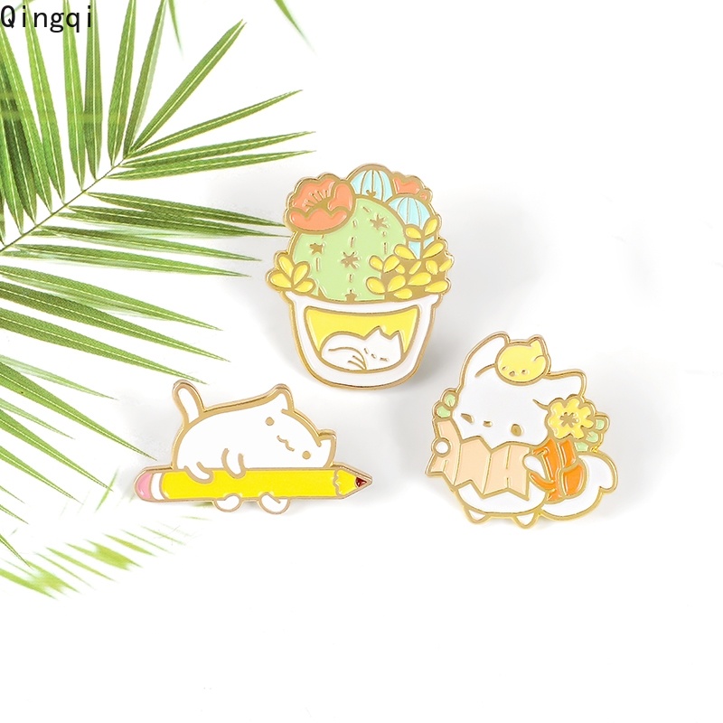 Ghim cài áo MISS ZOE tráng men hình mèo ngủ và chậu xương rồng dễ thương dùng làm quà tặng
