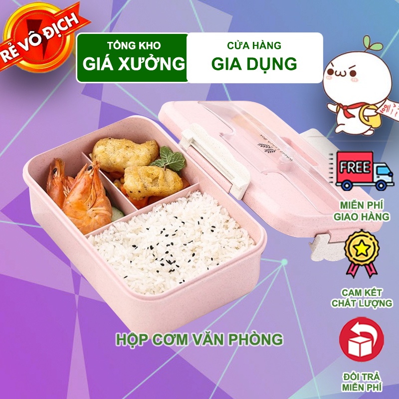 Hộp Cơm Văn Phòng Lúa Mạch 3 Ngăn Có Đũa Và Thìa Inox