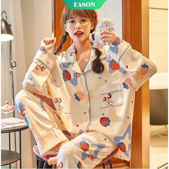Bộ Đồ Ngủ Hai Món Tay Dài In Họa Tiết Mèo Hoạt Hình Dễ Thương Size M-XXL
