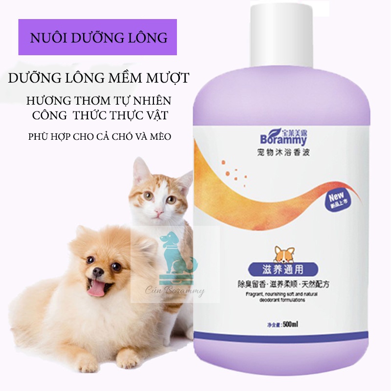 Sữa tắm cho chó mèo BORAMMY 500ml dưỡng lông mềm mại cho thú cưng - Sữa tắm cho thú cưng dưỡng chất hoa hồng chai màutím