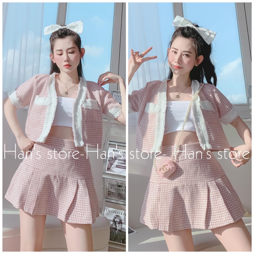 (XẢ KHO) BỘ CHẤT TWEED CARO VIỀN TRẮNG - MÀU HỒNG / XANH / ĐEN / ĐỎ (ẢNH THẬT)