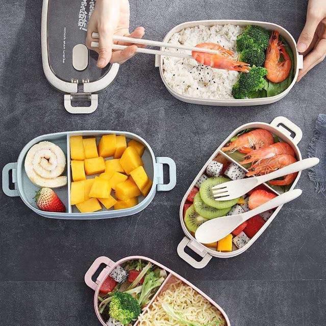 HỘP CƠM LÚA MẠCH CHỮ NHẬT 2 TẦNG KÈM THÌA DĨA ĐŨA - HV Store 979