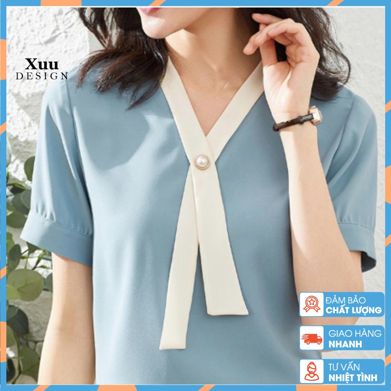 Áo sơ mi ngắn tay Xuu Design, Áo kiểu nữ cổ vạt chất vải đẹp, hàng thiết kế chất lượng cao -SP03