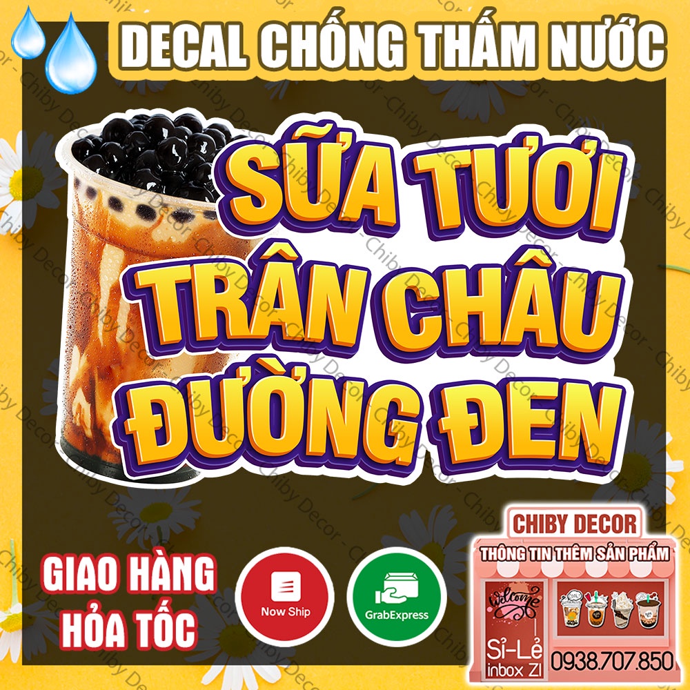 Tranh Dán Tường Sữa Tươi Trân Châu Đường Đen 🌈 Decal Dán Tường Trang Trí Quán Trà Sữa, Cà Phê - Chống Thấm Nước, Cắt Sẵn