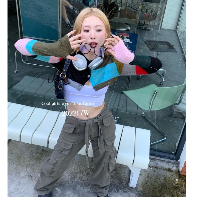 QKOOLE  Áo Croptop Dệt Kim Tay Dài Màu Sắc Vintage Hàn Quốc Cho Nữ