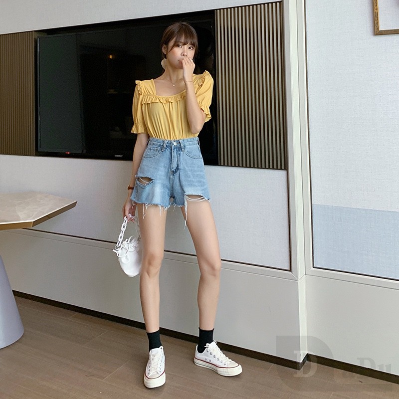 Quần Short Jeans Denim Lưng Cao Phối Rách Cá Tính