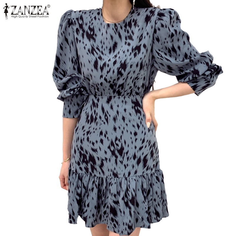 Đầm mini ZANZEA tay phồng cổ tròn dáng chữ A nhún bèo phong cách hàn quốc thời trang thanh lịch cho nữ