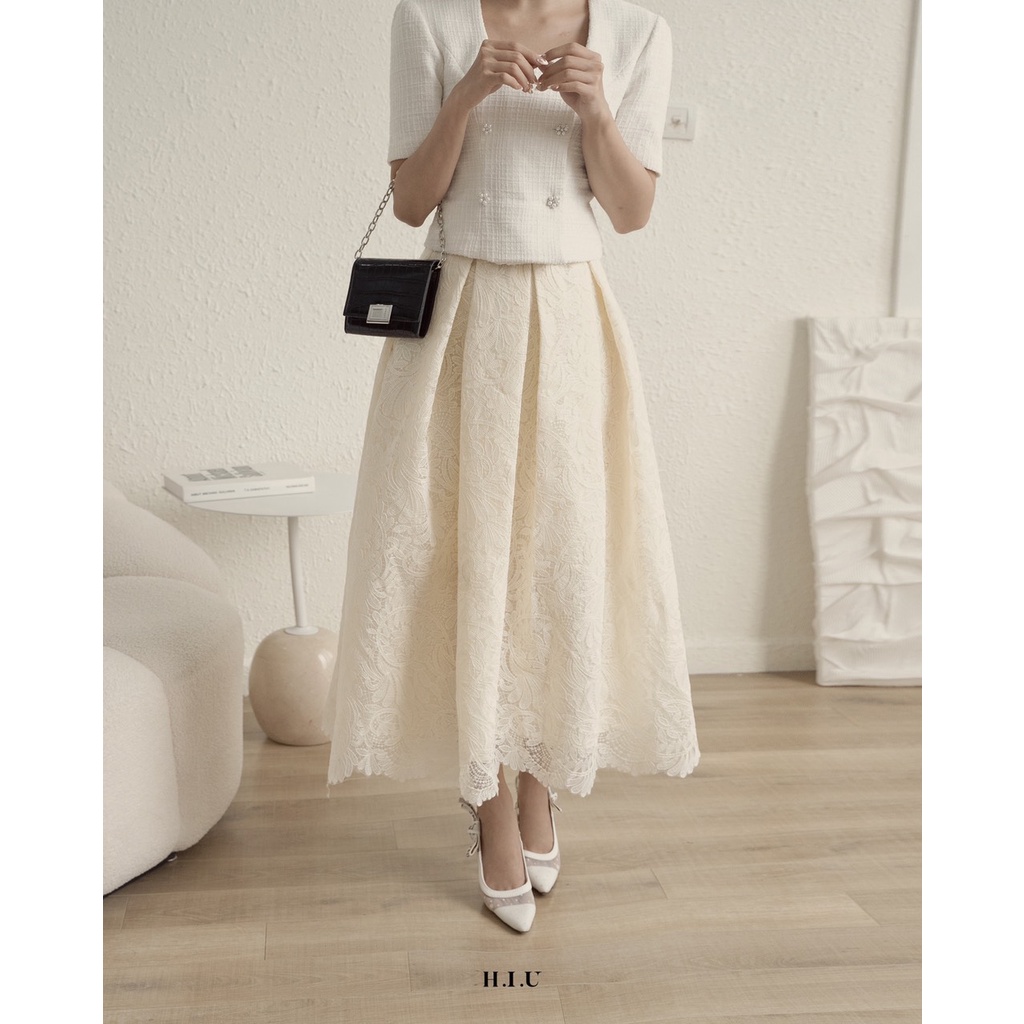 Chân váy nữ xếp ly bồng ren RIRI midi dáng dài H.I.U Fashion , vải ren nhẹ 2 lớp có thoáng mát trendy HIU design