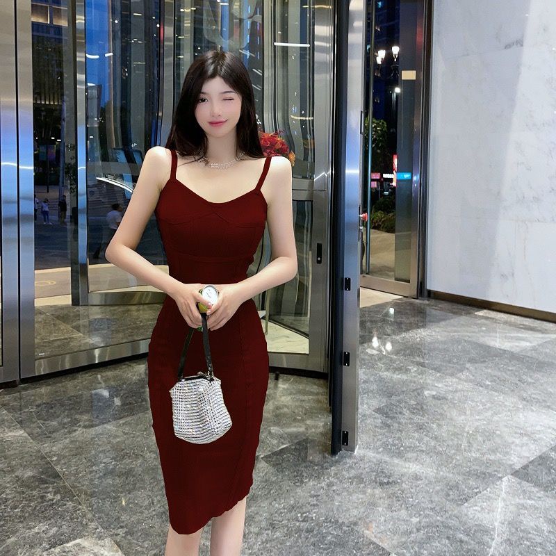 Đầm Hai Dây Dệt Kim Dáng Ôm Màu Trơn Phong Cách Pháp Thời Trang Mùa Hè Cho Nữ Z630