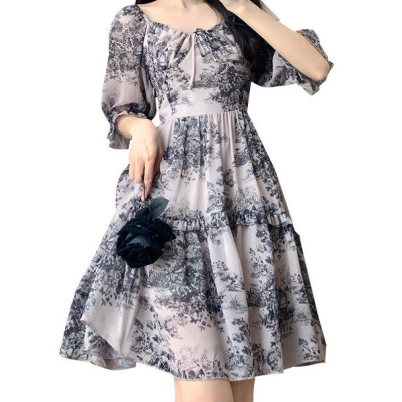 Váy Hoa Cá Tính 165362 Đầm Chữ a Tay Ngắn Phồng Cổ Vuông Phong Cách Thanh Lịch Dành Cho Nữ