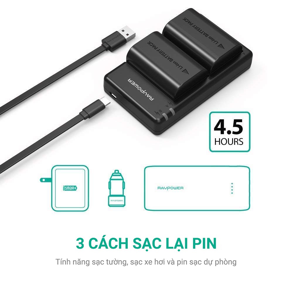 Bộ sạc pin máy ảnh Canon LP-E6N chính hãng Ravpower RP-BC003 2 pin 2000mAh