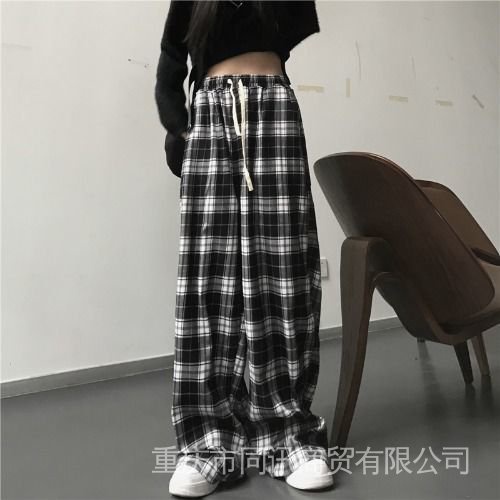 Quần Dài Ống Rộng Họa Tiết Sọc Caro Trắng Đen Thời Trang Xuân Thu Cho Nữ
