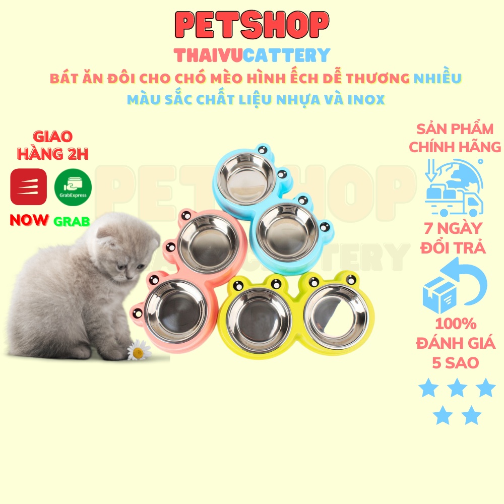 Bát ăn đôi cho chó mèo hình ếch dễ thương nhiều màu sắc chất liệu nhựa và inox