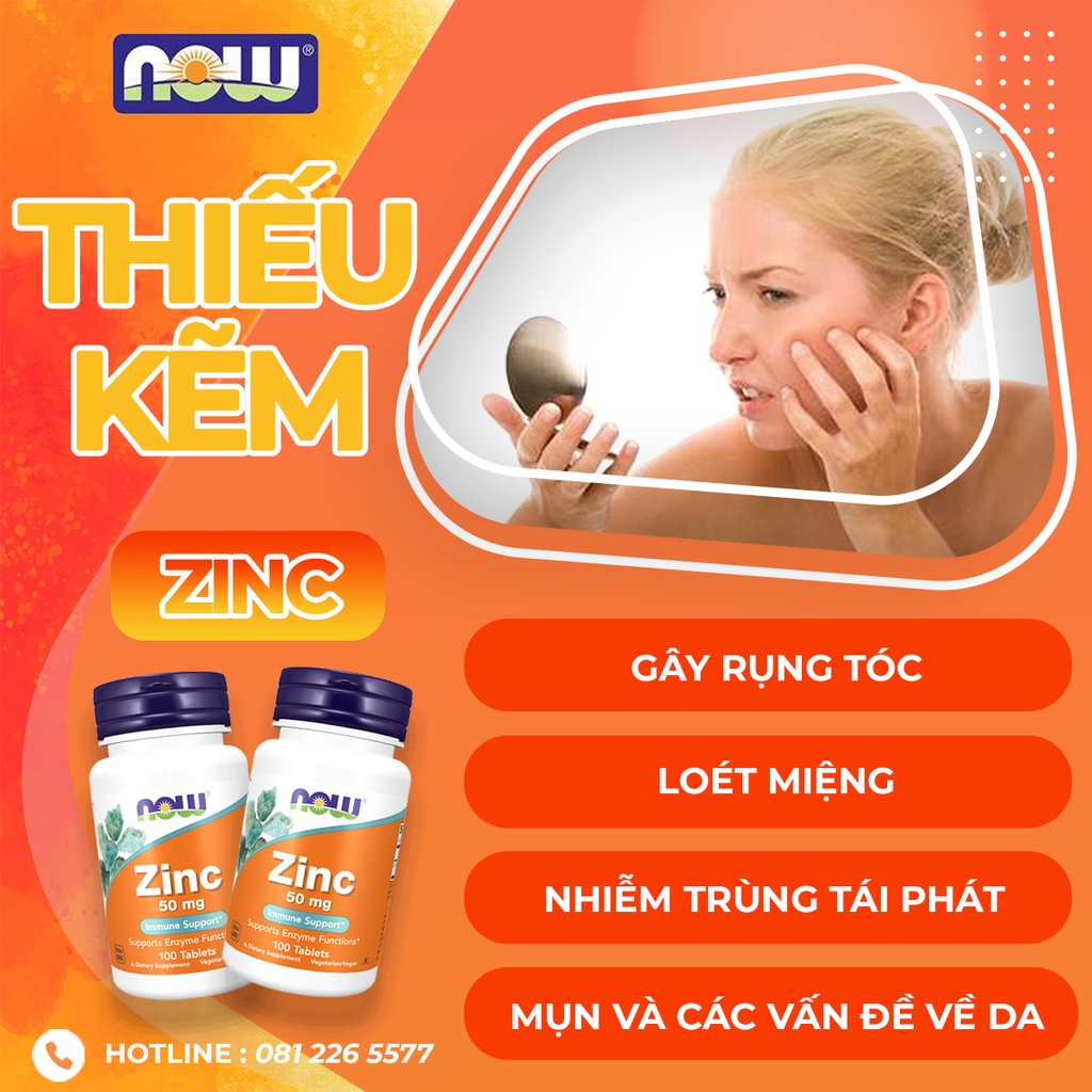 ZINC KẼM Giúp Tăng Test Giảm Mụn Tăng Sinh Lý Tăng Miễn Dịch Bảo Vệ Cơ Thể NOW ZINC 50MG