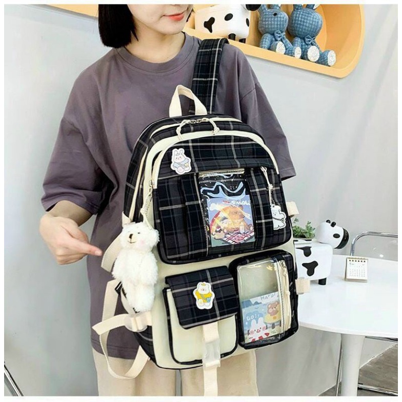 Balo học sinh QCL1 chất Canvas kèm thú bông và stickers