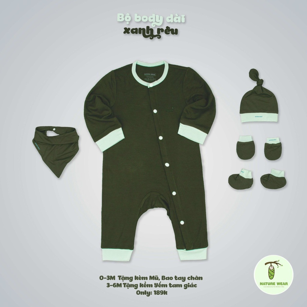 Bộ body dài tay cài chéo  sơ sinh nature wear chính hãng  tặng kèm phụ kiện mũ,bao tay chân và yếm