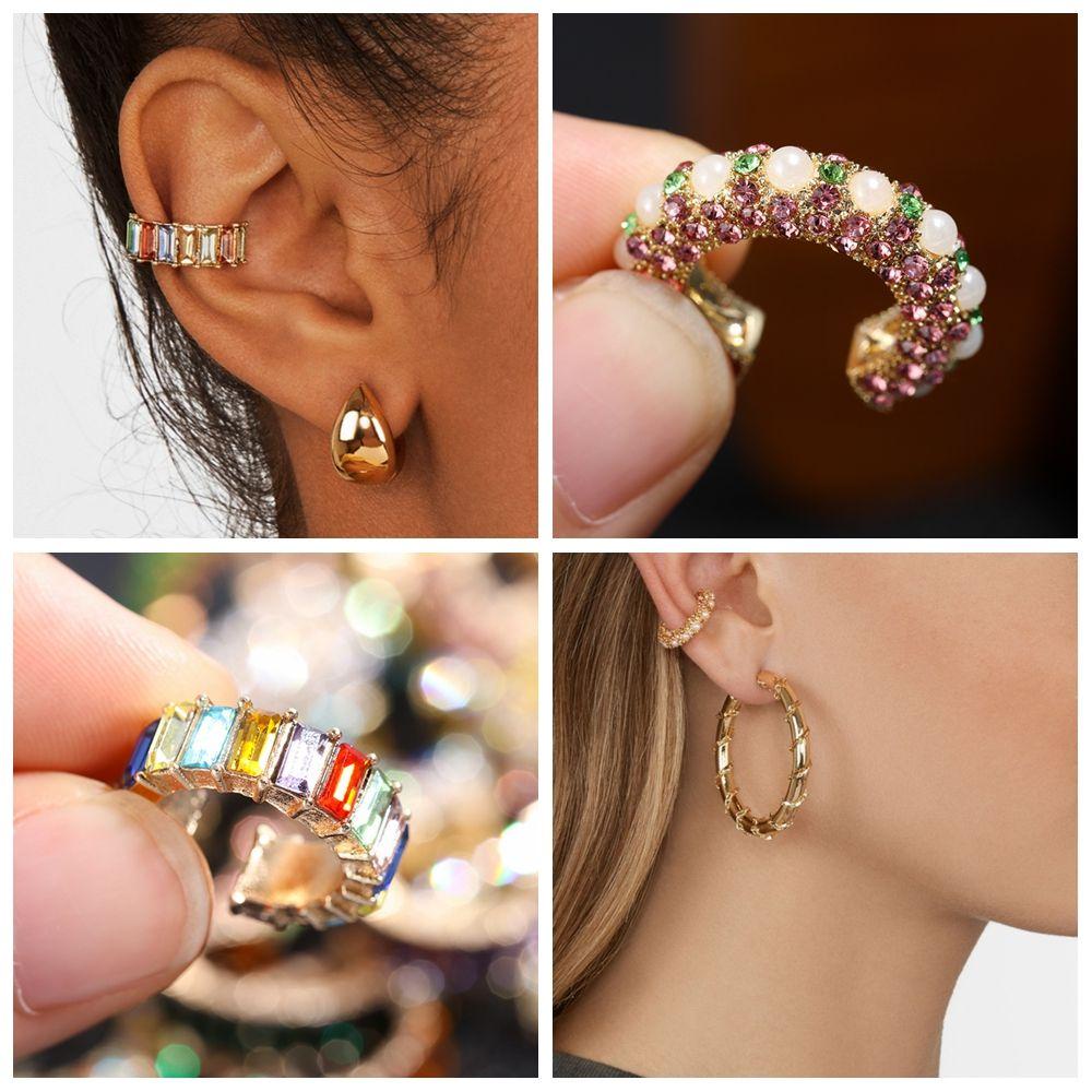 Khuyên Vành Tai Không Xỏ Lỗ Đính Đá CZ|Bông Tai Chữ C Dáng Dài Xinh Xắn Dành Cho Nữ