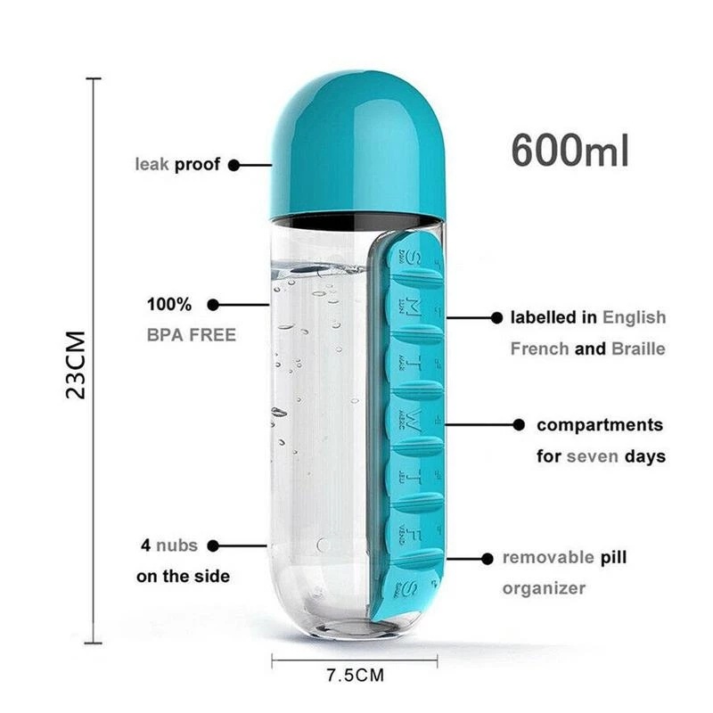 Bình Đựng Nước Thể Thao 600ml Kèm Hộp Đựng Thuốc 7 Ngăn Tiện Dụng