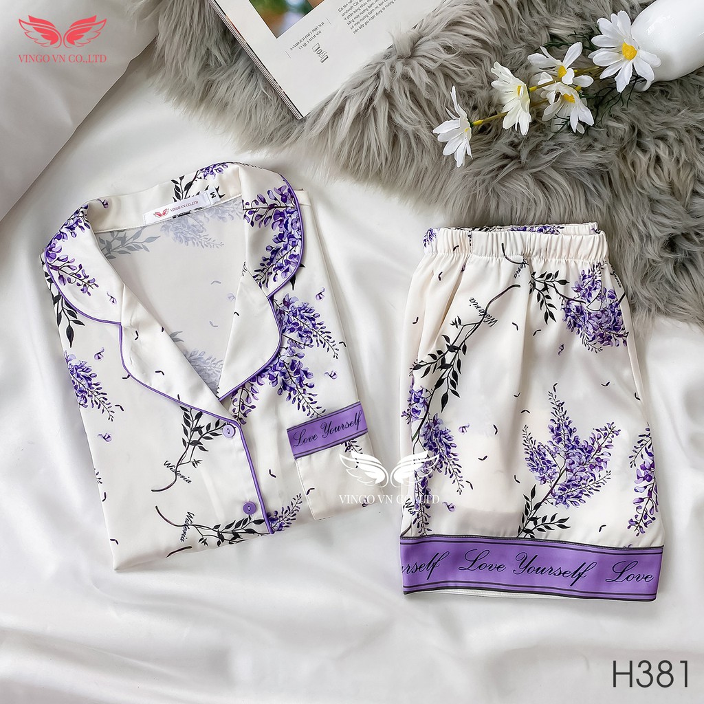 VINGO Bộ Đồ Mặc Nhà Pijama Nữ Lụa Pháp Tay Cộc Quần Cộc Họa Tiết Hoa Lavender Tinh Tế Tím Nền Trắng Ngà H381 VNGO - TCQC