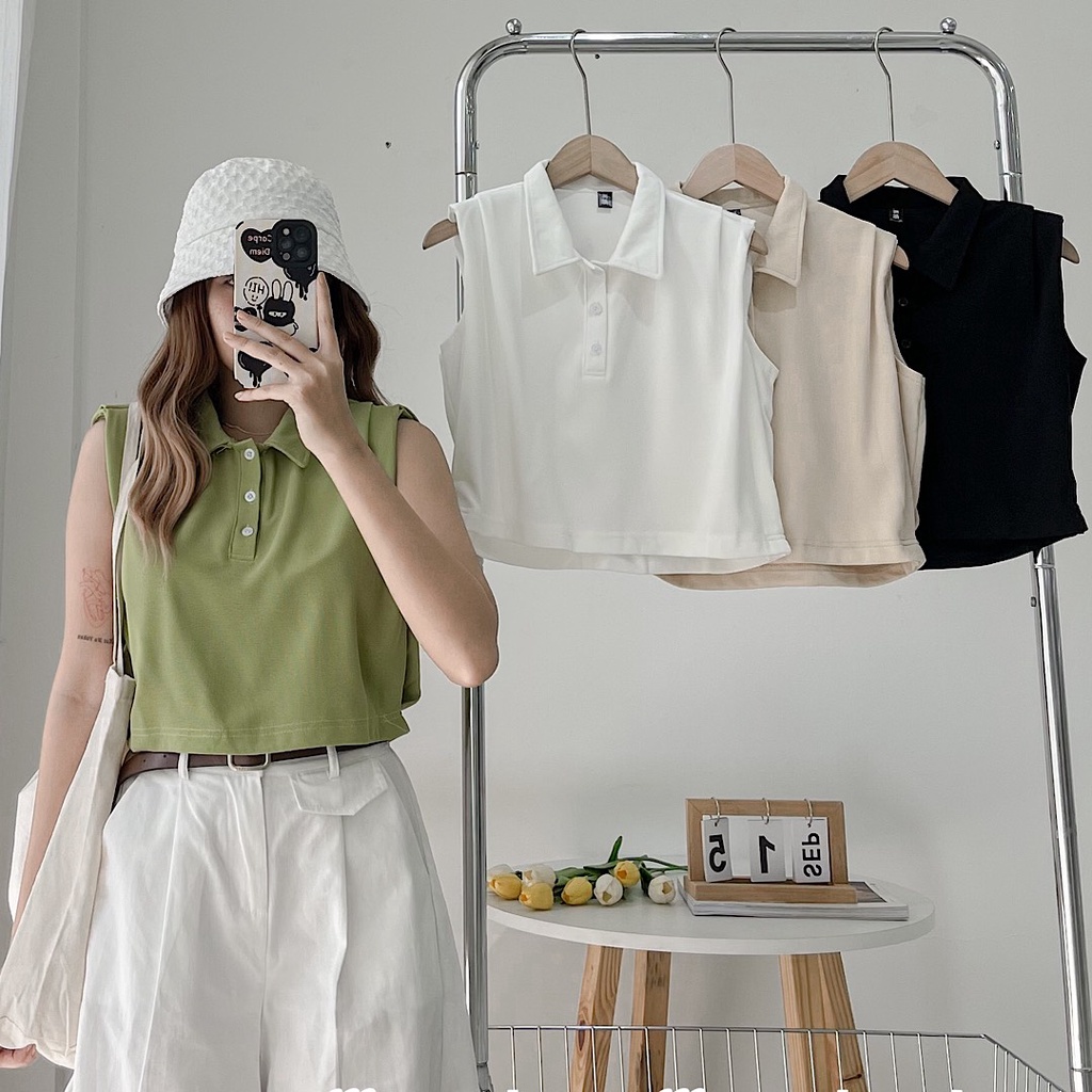 Aó tanktop cổ polo len tăm, áo sát nách có đệm vai Ảnh thật/ sẵn