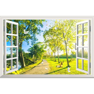 Tranh dán tường cửa sổ- ánh nắng-hươu nai-con đường -vải lụa kim tuyến