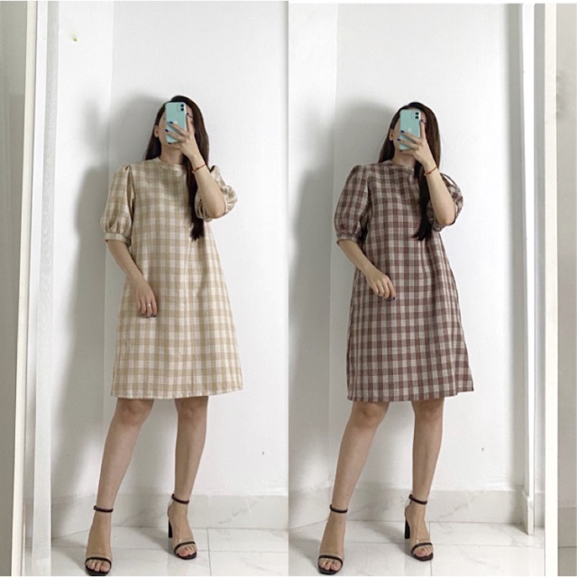 [Ảnh thật] Váy kẻ cổ cao tay bồng (be, nâu đỏ)_