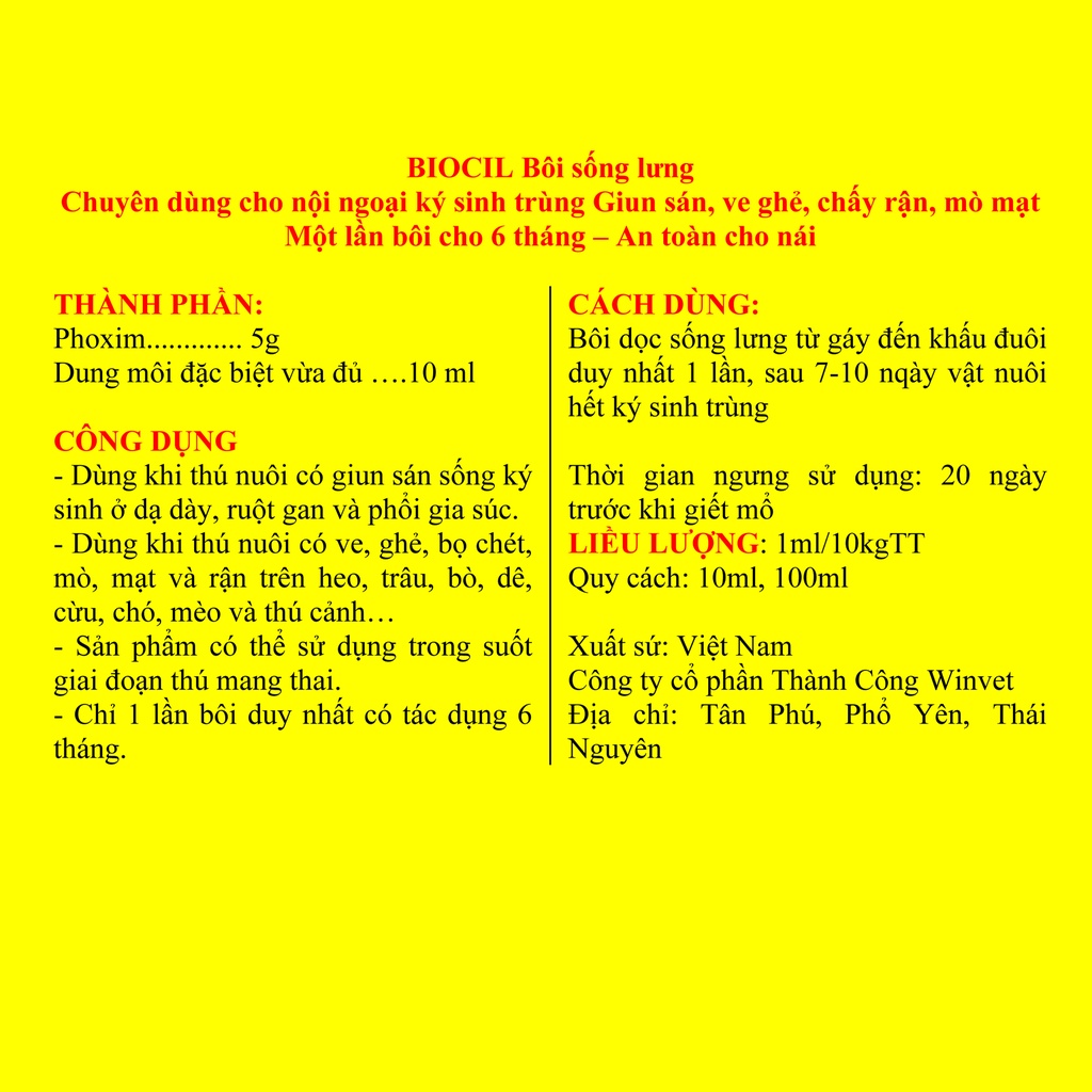 3 lọ BIOCIL 10ml Bôi sống lưng các loại vật nuôi, chó, mèo