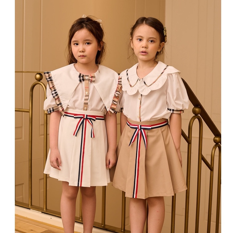 Chân váy xếp ly chữ A bé gái thiết kế 137Kids phối kẻ cạp lưng chun co giãn