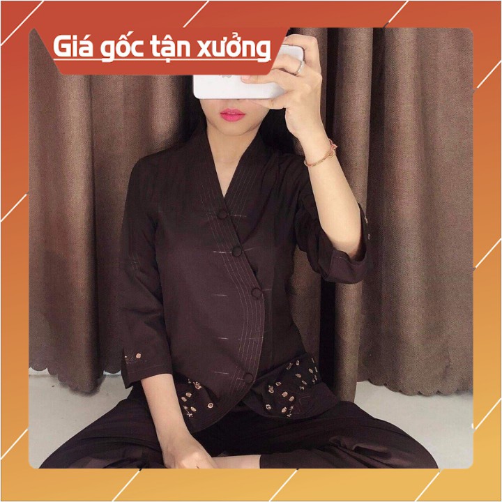 Bộ Đi Chùa Vạt Chéo Thêu Gấu,Chất Vải  Đẹp  Loại 1 Đường May Đẹp, Mặc Thoải Mái Khi Đi Lễ Chùa ko Lo Bục Chỉ