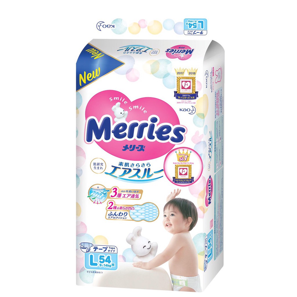 Bỉm dán Merries size L 54 miếng cho bé 9 – 14kg