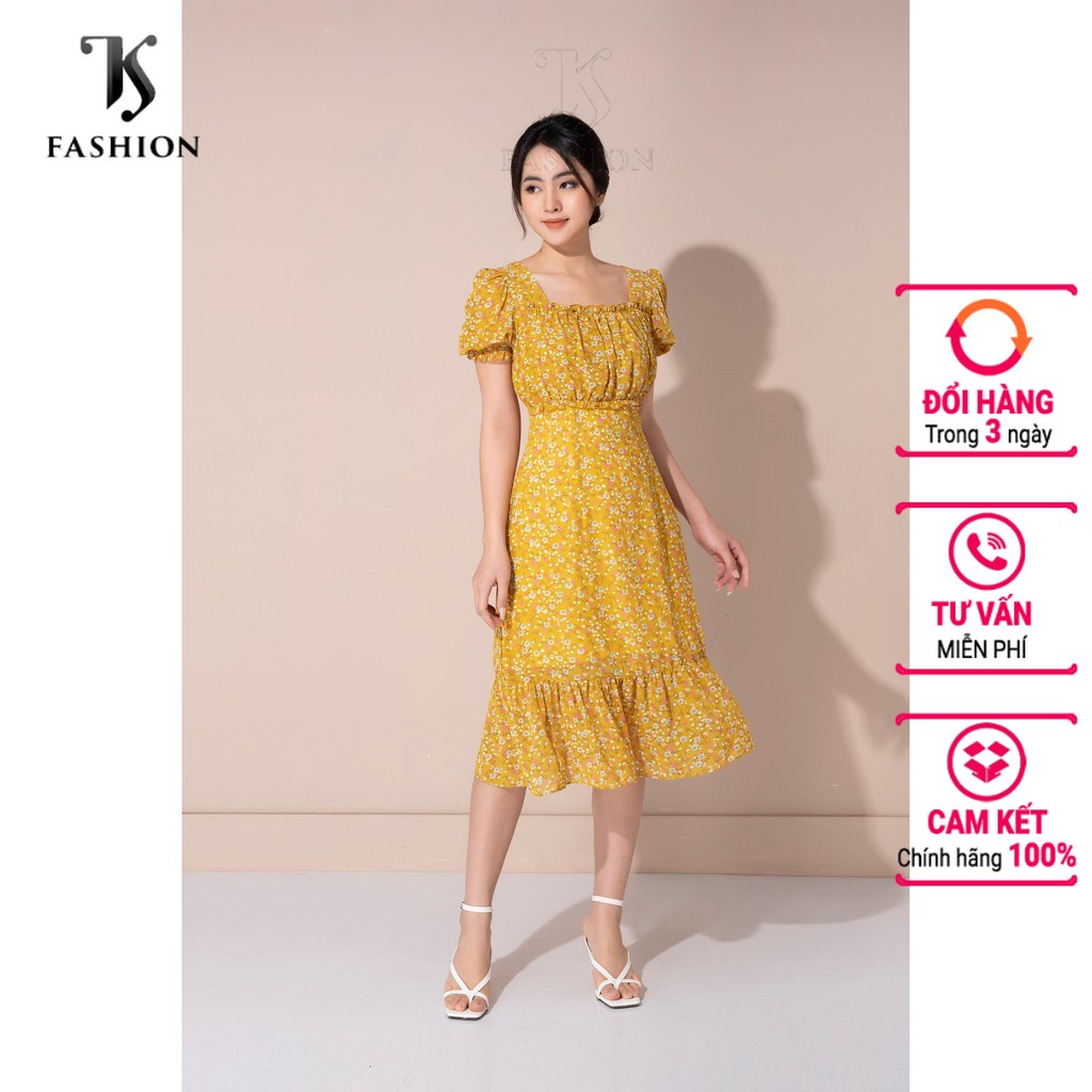 Đầm voan hoa tay bồng, dáng xòe  đuôi cá, thiết kế  cổ vuông nhún eo nhẹ nhàng TKFASHION DK833