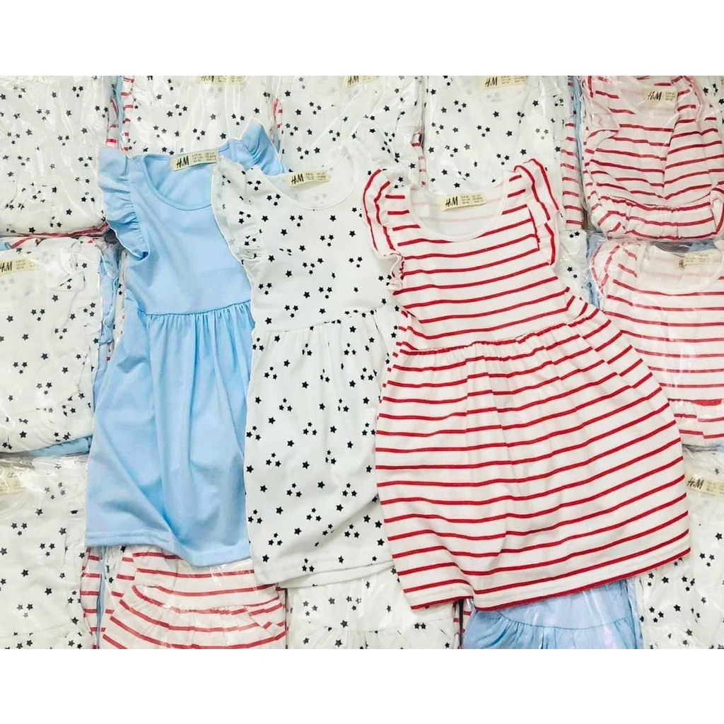 Váy bé gái Combo 3 đầm cánh tiên H.M mix màu trơn bi kẻ chất cotton mềm mịn thoáng mát