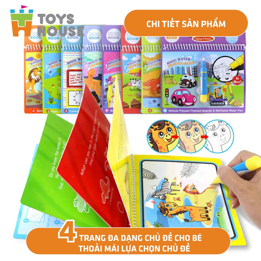 Sách nước tô màu ma thuật cho bé, tranh tô màu nước nhiều chủ đề ToysHouse giáo dục sớm cho trẻ, giúp phát triển kỹ năng