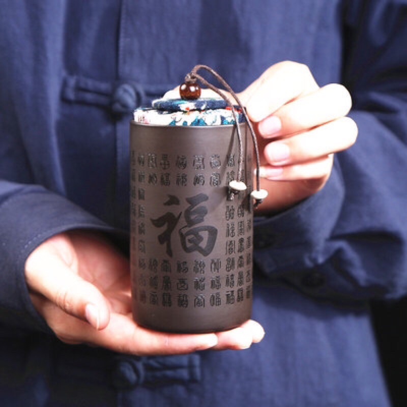 Hủ đựng trà dạng ống Trúc nắp đậy nút vải dung tích 180ml- 50gram.