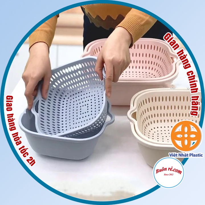 Bộ rổ vuông 2 lớp Việt Nhật  - Bộ rổ kèm chậu hứng nước rửa rau củ đựng hoa quả trái cây th07