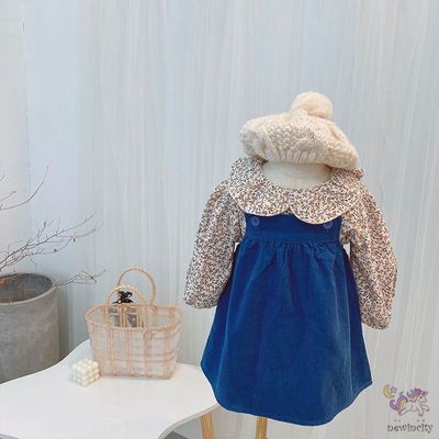 Bộ áo nhung dài tay họa tiết in hoa và đầm yếm thời trang dành cho bé gái