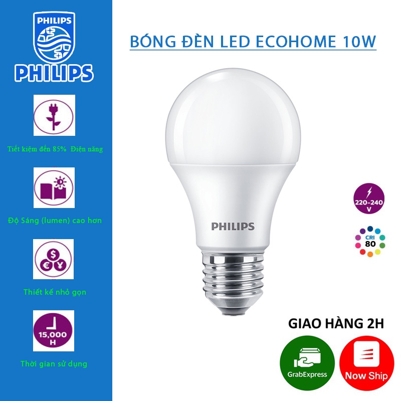 Bóng Đèn LedBulb Ecohome PHILIPS 10W E27 750Lm Ánh Sáng Trắng/Vàng Bảo Hành 2 Năm (1 Đổi 1)