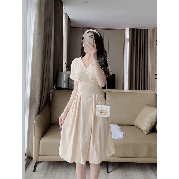 Đầm Midi Cổ Xẻ Chiết Eo váy du lịch đi biển đi tiệc LINSTORE Thiết Kế Thanh Lịch Nữ Tính  V2