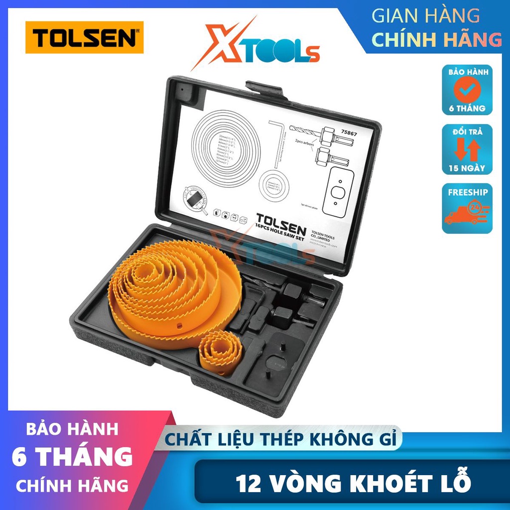 Bộ khoét lỗ tròn Tolsen 75867 16 chi tiết nhiều kích thước, kết hợp với máy khoan chuyên dụng [CHÍNH HÃNG][XTOOLS]