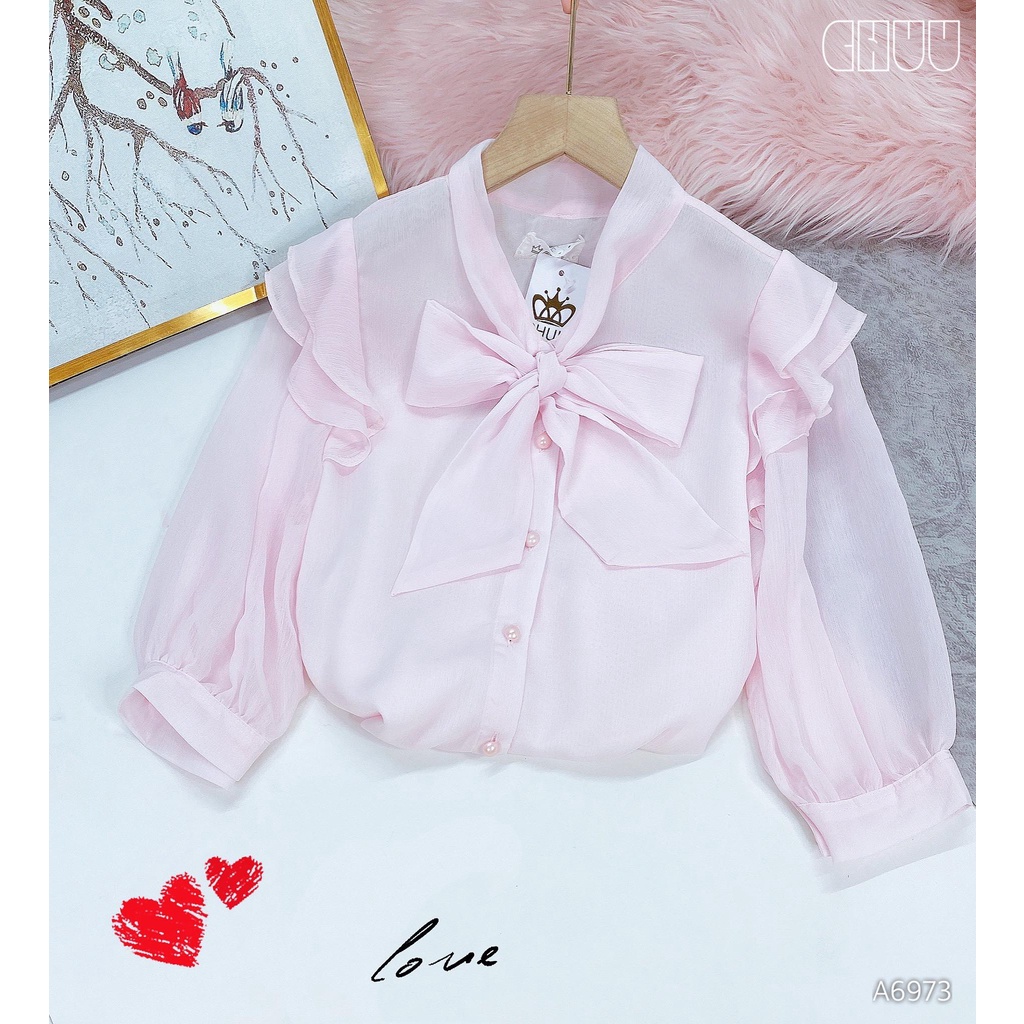 Áo sơ mi công sở nữ cổ thắt nơ tay lửng cánh tiên CHUU A6973