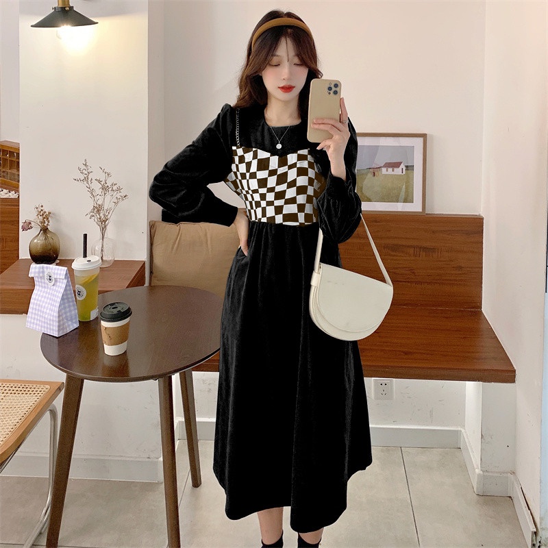 【ZHELIHANGFEI】Đầm Nữ Tay Dài Giả Hai Lớp Ôm Eo Thời Trang Thanh Lịch