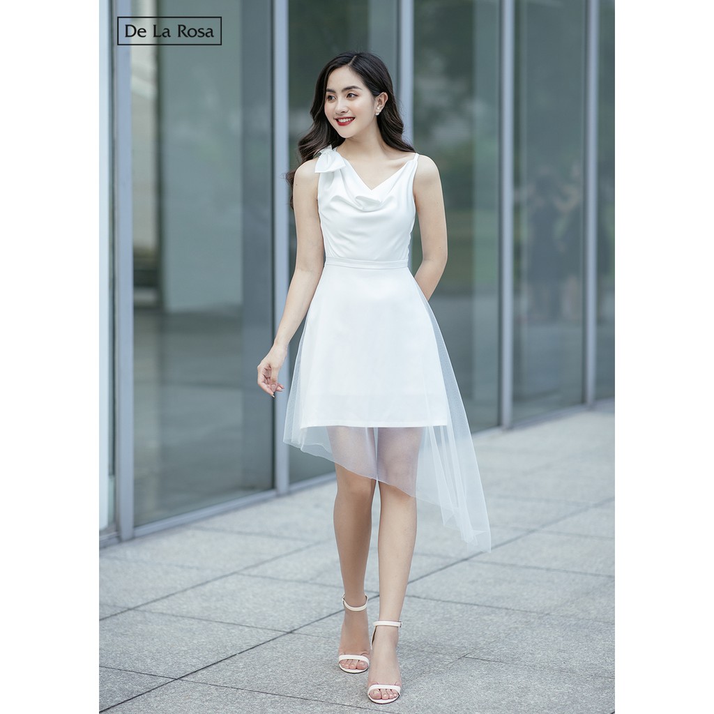 Đầm váy trắng đi tiệc tiểu thư dễ thương thiết kế dáng xòe cổ đổ tùng lưới - De La Rosa | BigBuy360 - bigbuy360.vn