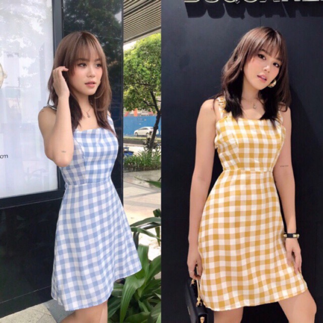 Đầm caro to chất LINEN dáng chữ A form ngắn hai dây chéo