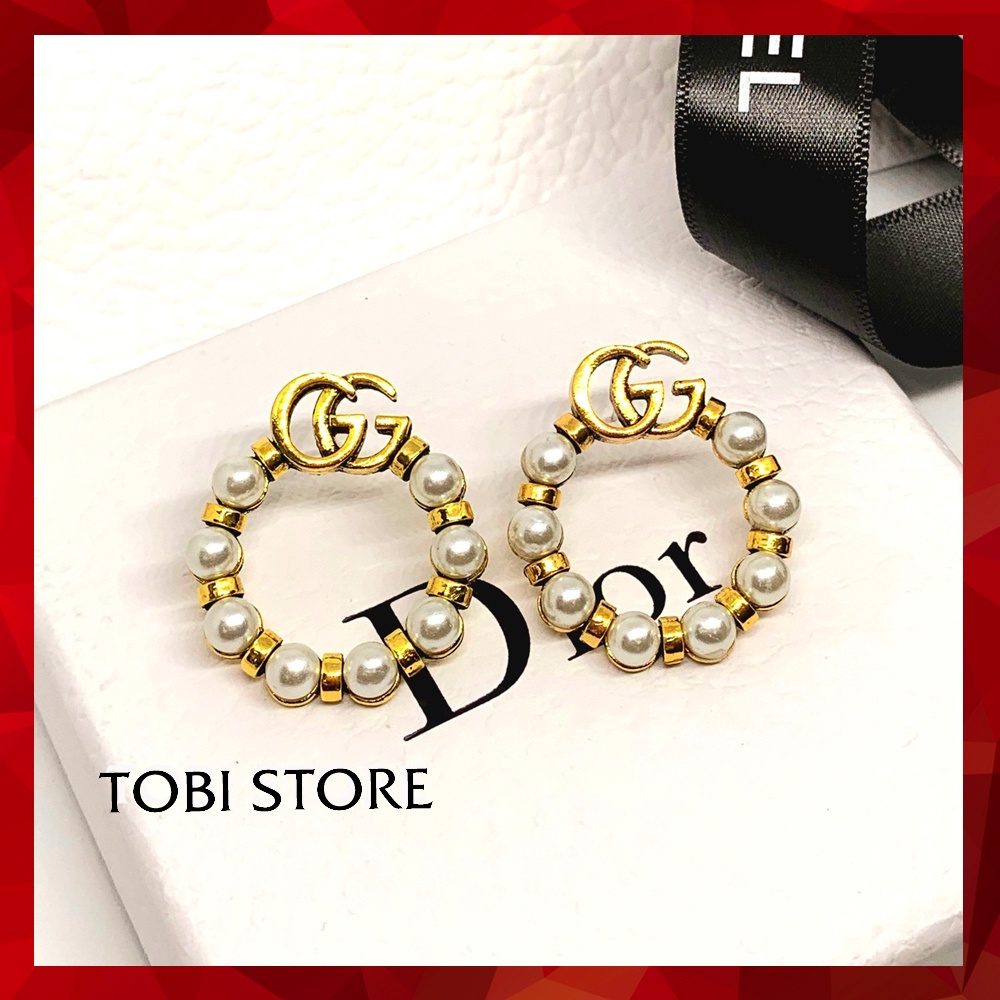 Khuyên tai nữ thương hiệu GG vành tròn mạ vàng đính ngọc sang trọng TB458 TOBI STORE
