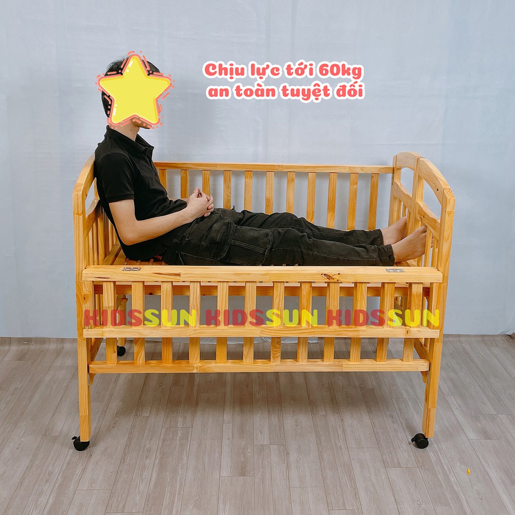 Giường Cũi Gỗ Thông KIDSSUN Cũi Cho Bé Từ 0 - 4 Tuổi Màu Tự Nhiên Kích Thước [110x70x96] BH 12 Tháng