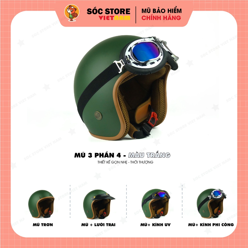 Mũ bảo hiểm 3 phần 4 chính hãng màu xanh lá Sóc Store, nón bảo hiểm 3 phần 4 nam nữ freesize