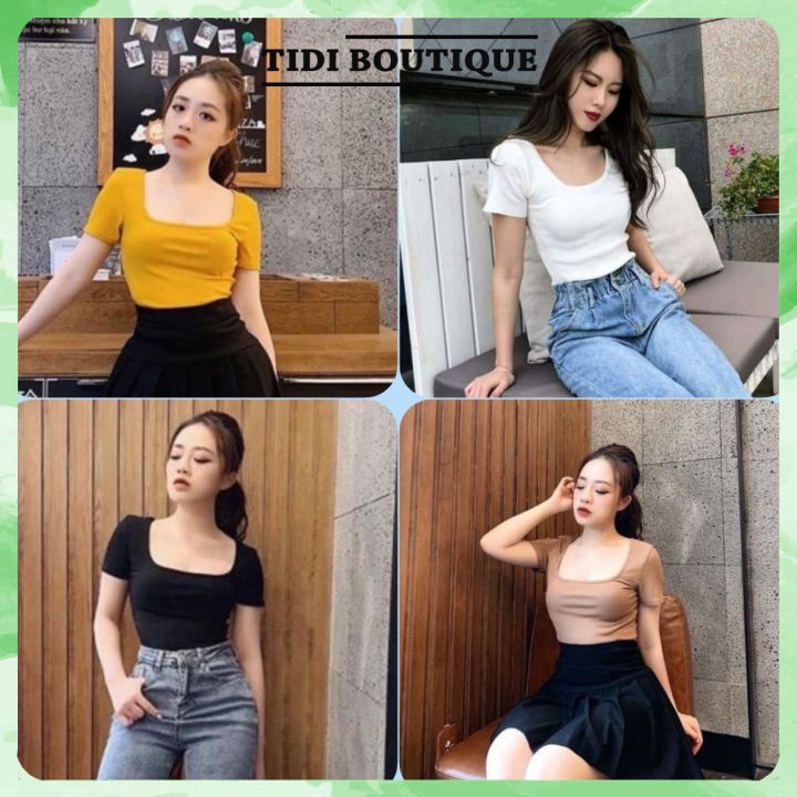 Áo thun nữ tay ngắn cổ vuông dáng ôm body chất bozip co giãn bốn chiều AT15 - phamtrangredep shop
