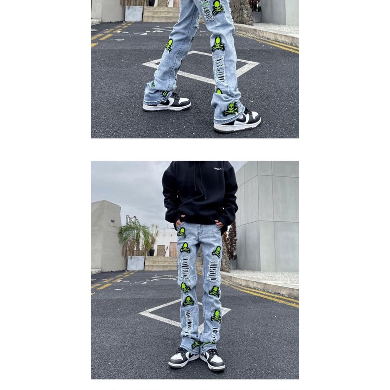Quần jeans dài thêu họa tiết đầu lâu cá tính cho nam và nữ