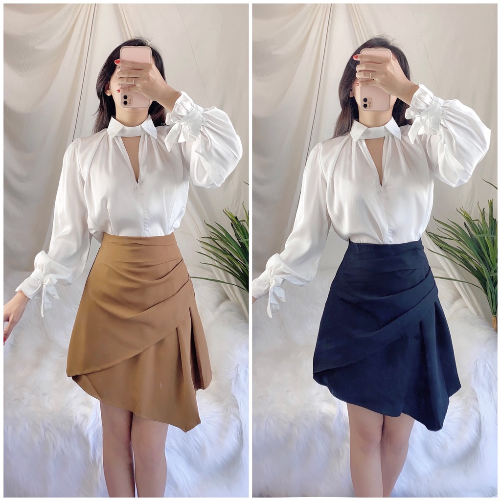 Áo sơ mi trắng công sở, chân váy ngắn xếp, áo lụa, áo sơmi kiểu tay dài, đi làm, chân váy chữ A, set áo mix váy tiểu thư | BigBuy360 - bigbuy360.vn