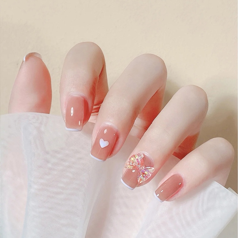 [Hàng mới về] Set 24 Móng Tay Giả Đính Ngọc Trai Có Keo Dán